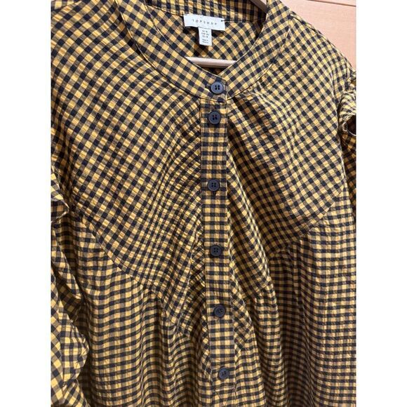 Topshop Textured Check Ruffle Mini Shirt Dress Mustard Sz 14 EUC - Picture 5 of 13